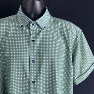 Proper Sport Mens Shirt XL Green & White AOP 4 Way Stretch Long Sleeve Button Up